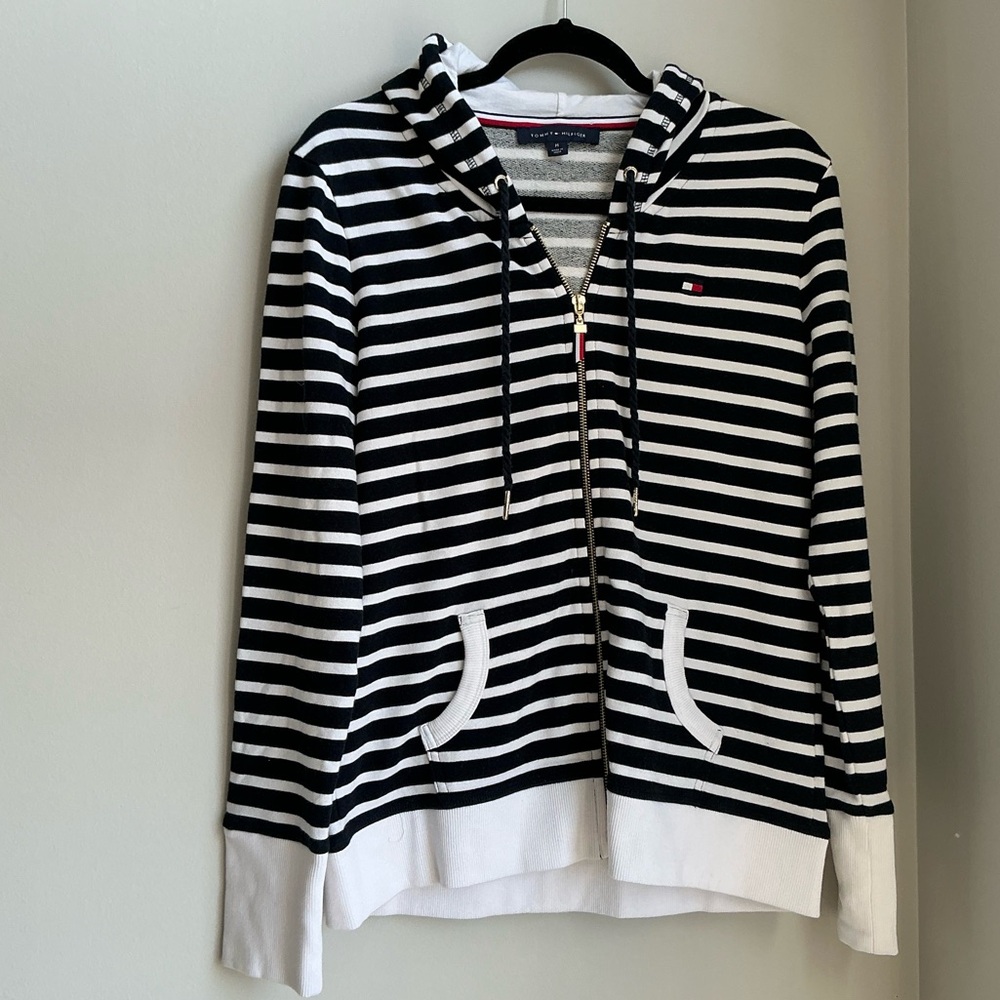 Tommy Hilfiger Striped Zip Hoodie Black White Women’s Medium Classic Logo